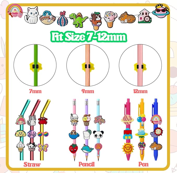 100 Pcs Cute Pencil Topper Decor,Mixed Different Style Lovely Pencil Clips | Pencil Topper Decoation,Bulk Pen Toppers Charm Accessories for Kids,Classroom Rewards Prizes Present for Students, medium