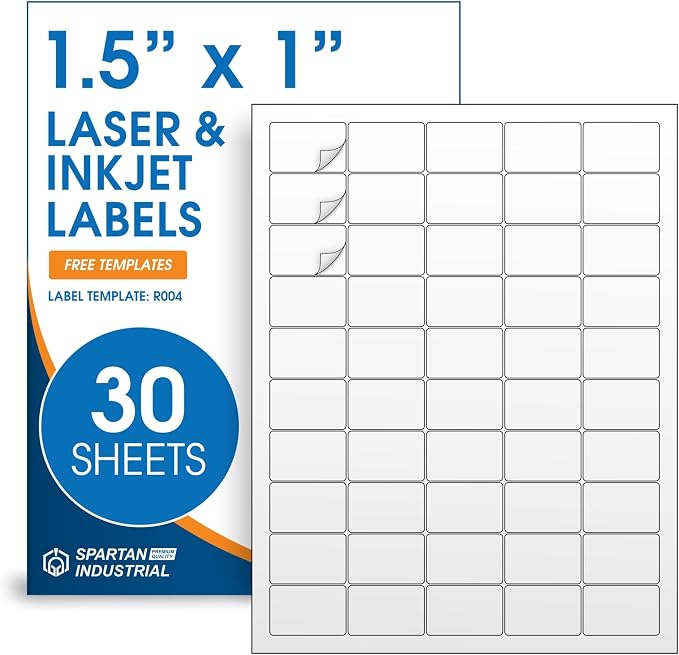 1.5" X 1" Matte White Printable Address Labels (30 Sheets, 1500 Labels) | Mailing Labels and Barcode Stickers for Laser & Inkjet Printers - Spartan Industrial Template R004