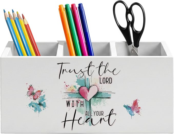 Pink Heart Cross Christian Pen Holder for Home Office Desk, Faith Based Gifts, Trust the Lord with All Your Heat Bible Verse Wooden Box Sign Pencil Holder for Desk Shelf Organizer