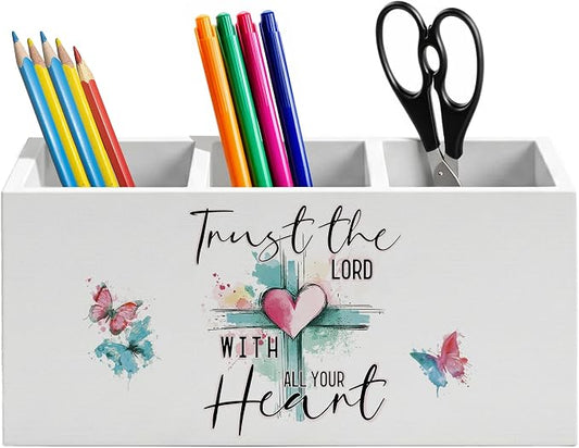 Pink Heart Cross Christian Pen Holder for Home Office Desk, Faith Based Gifts, Trust the Lord with All Your Heat Bible Verse Wooden Box Sign Pencil Holder for Desk Shelf Organizer