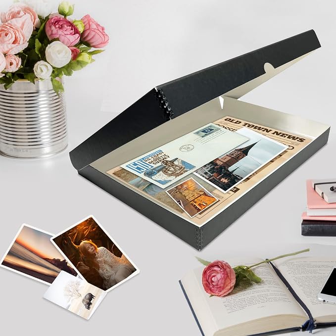 Lineco Clamshell Archival Storage Box, 13.5x19.5x1.75 Inch, Black | Acid-Free with Metal Edge Boxboard, Organize and Store Photos Documents Cards Negatives Magazine Prints Family Records DIY