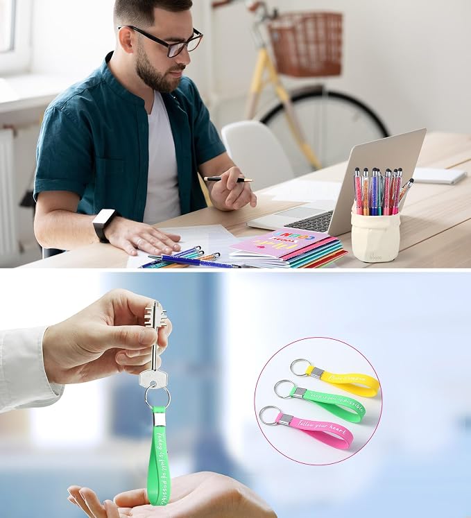 PerKoop 48 Pcs Inspirational Gifts Bulk VBS Notepads 3 x 5 Inch Motivational Ballpoint Pens Keychains Bulk Cute Colorful Journal Notebooks for Office Party Favor Supplies