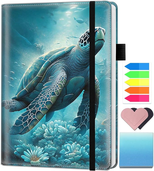 A5 Leather Lined Journal Notebook, 200 Pages Hardcover Executive Notebook for Men Women Office School Note Taking, Thick Writing Paper Daily Journal with Bookmarks/Indexes, Sea Turtle