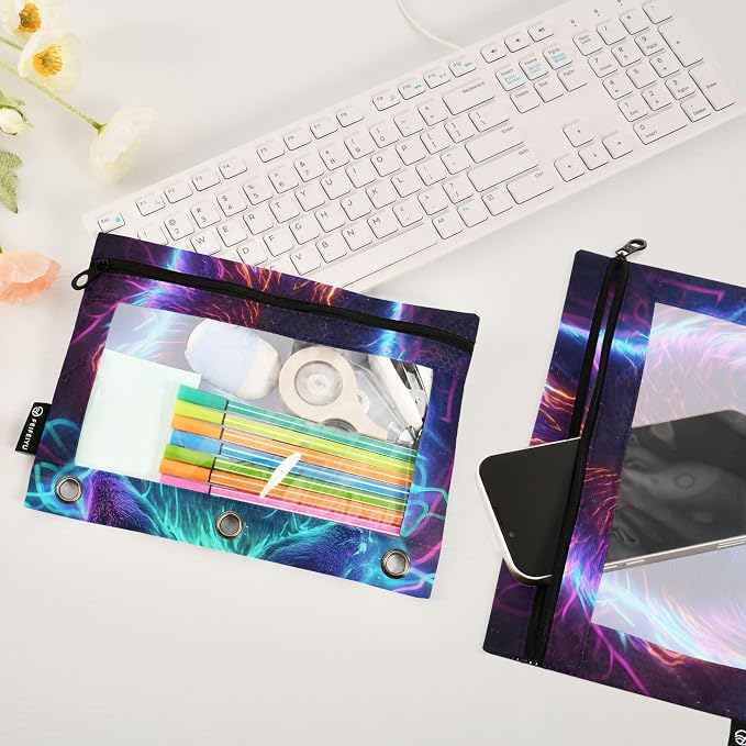 Neon Wolf Galaxy Wolves Pencil Pouch for 3 Ring Binder 2 Pack Zipper Binder Pencil Bag with Clear Window Pencil Case for Office Supplies