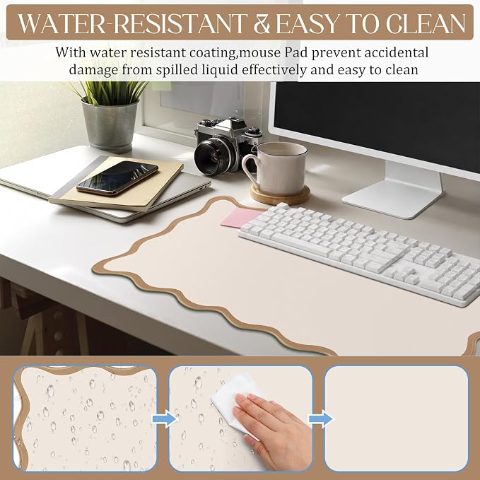 Hahafelt Scalloped Desk Mat Large Desk Pad Cute Coquette Table Mat Back to School Preppy Table Make up Pad Nonslip Graduation Gift with Stitching Waterproof Gaming(Beige,23.6 x 13.8 Inches)