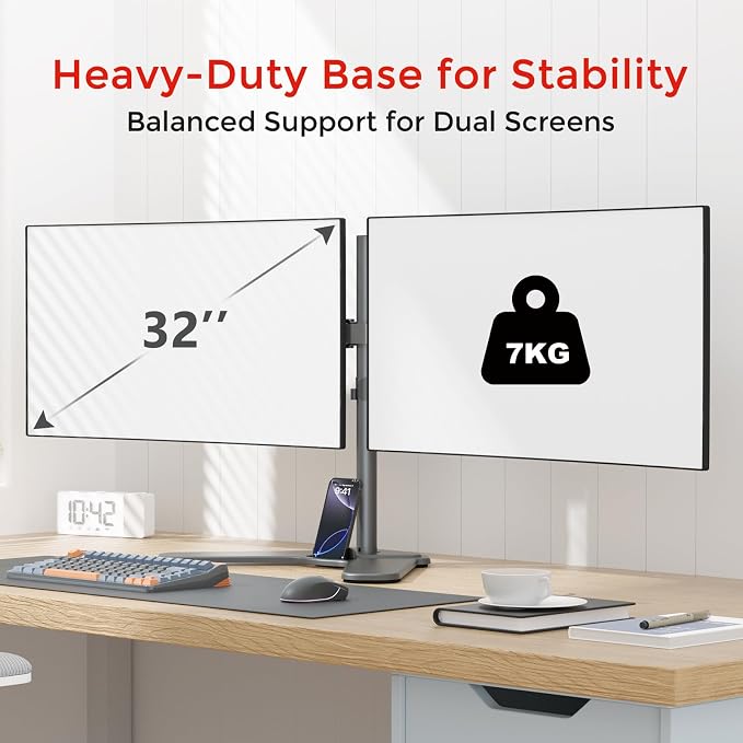Suptek Free-Standing Dual Monitor Desk Mount, Full Motion Stand for 2 Monitors up to 32" 15.4lbs Each, Height Adjustable Swivel Tilt 360° Rotation, VESA Compatible with Phone Slot, Black
