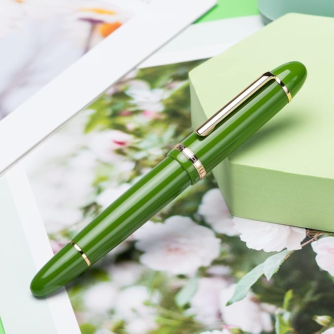 Jinhao X159 Avocado Green Acrylic Fountain Pen, Size 8 Medium Nib Gold Trim Classic Design Smooth Writing Pen with Converter