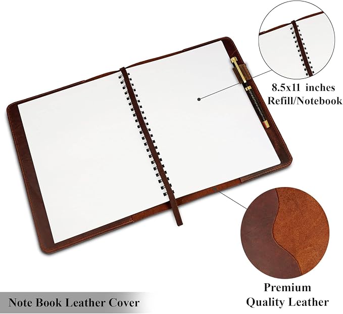 Heavy Duty Full Grain Leather Journal Cover (8.5 x 11 in.), Refillable Cahier XXL, Refillable Spiral Notebook (8.5 x 11 in.), Handmade Leather Journal Cover (Brown)