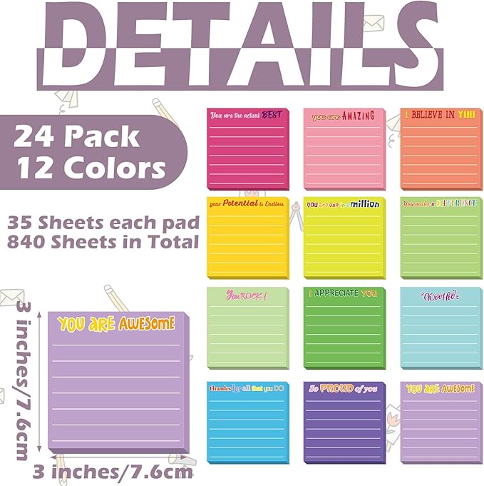 Yinder 12 Pcs Inspirational Sticky Notes, Back to School Supplies, Cute Motivational Sticky Notes Pad Employee Appreciation Gifts Bulk for Teacher Coworker Office 3 x 3'' (Appreciation,Classic Color)