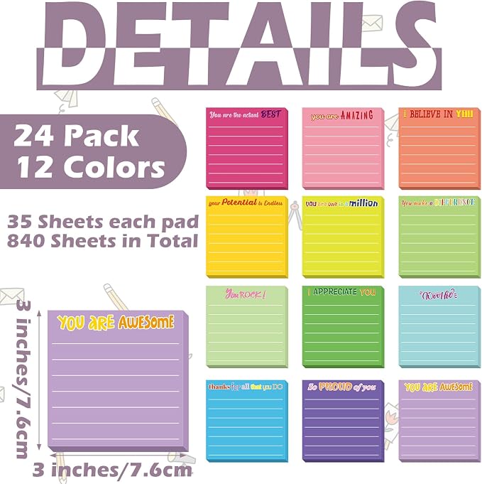Yinder 48 Pcs Inspirational Sticky Notes, Back to School Supplies, Cute Motivational Sticky Notes Pad Employee Appreciation Gifts Bulk for Teacher Coworker Office 3 x 3'' (Thank You,Dark Color)