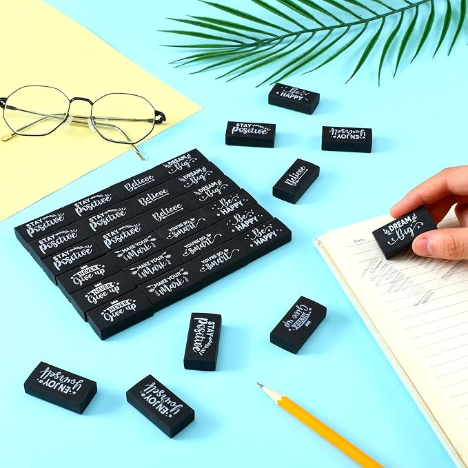 Dunzoom 100 Pcs Back to School Inspirational Pencil Erasers Bulk for Kids Fun Motivational Eraser School Office Supplies for Students Classroom Office Teacher Artists(Classic)