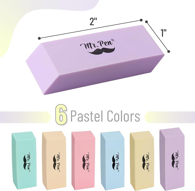 Mr. Pen- Pencil Eraser, 48 Pack, Pastel Colors | Large Latex Free Block Erasers Bulk for School, Office, Art Sketching, Homework, Exams, Clean Smudge-Free Correction