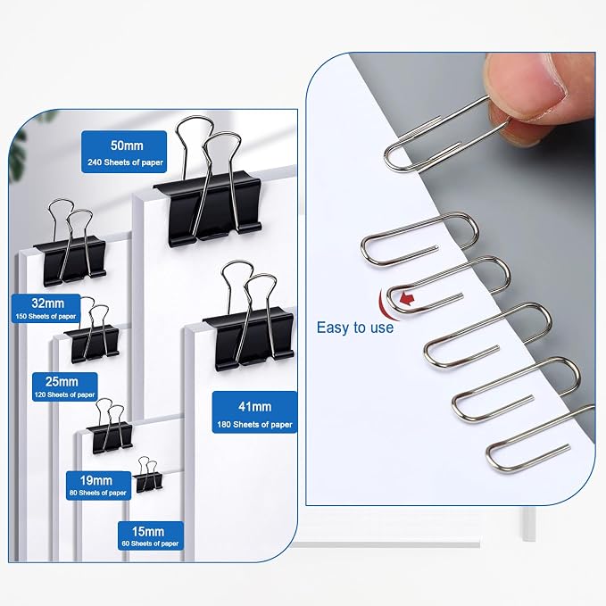 508 PCS Binder Clips and Paper Clips Set Assorted Sizes, Black Office Clips Metal Paperclips Individually Boxed,Binding Paperwork Clamp Bulk Office Supplies for School Home