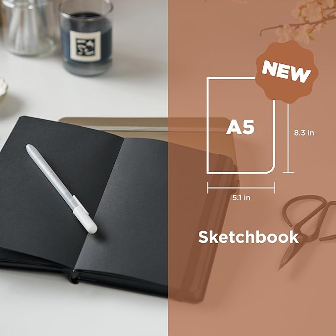 Sakura Sketchbook A5 - Drawing Sketchbook for Visual Journaling, Effortless Sketching & Personal Use - 140 GSM Paper - Hardcover Hardcover - 160 Pages - 5.1 x 8.3" - Black - Black Paper