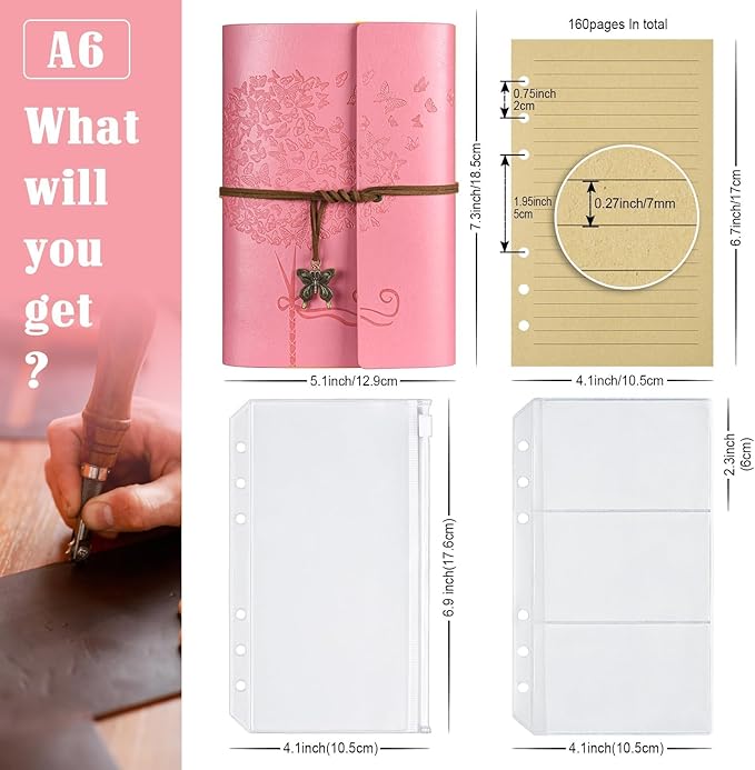 Leather Journal Notebook, Vintage Refillable Journal with 2 PVC Pockets, Travel Journal for Writing, Diary Journal for Women, Men, Girls and Boys, 100GSM Lined Paper, 160 Pages (Pink, A6 7.3"x 5.1")