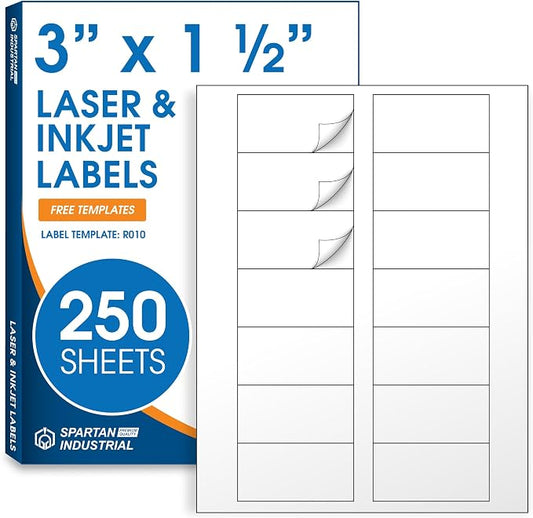 3" X 1.5" Matte White Printable Address Labels (250 Sheets, 3500 Stickers) | Mailing Labels and Product Packaging Stickers for Laser & Inkjet Printers - Spartan Industrial Template R010