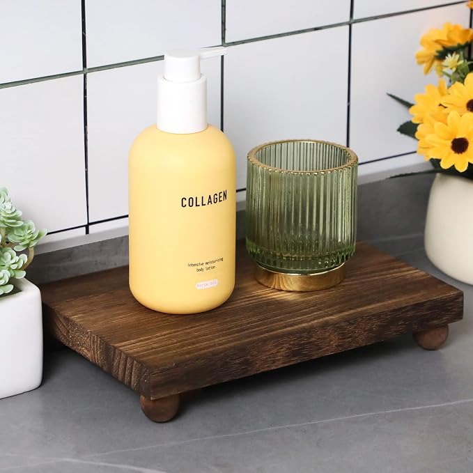 Amyhill Wood Pedestal Stand Kitchen Soap Tray Farmhouse Wooden Riser Stand for Kitchen Bathroom Counter Table Decor Plant Vases Display(Classic,Dark Brown,9 x 6 Inch)