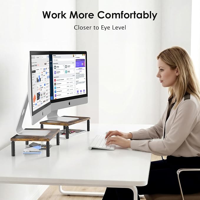 OPNICE Adjustable Monitor Stand Riser for Desk, Computer & Laptop Stand, Desk Organizers and Accessories, Office Desk Accessories & Workspace Organizer for Home Office, Brown Wood 2-Pack