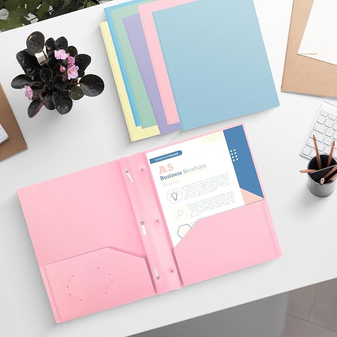 24-Pack Plastic andPockets and Prongs,2-Pocket and3 Fasteners, Pastel Folders Holds US Letter Size Paper for School/Office/Home, Pink