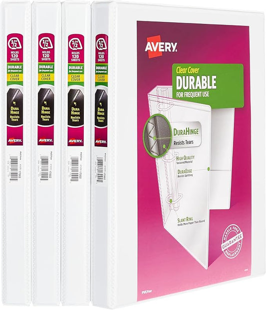 Avery Durable View 3 Ring Binders for Home, School Supplies, Office, or Organization Needs, 0.5" Slant Ring, 4 Pack White Binders (03362)
