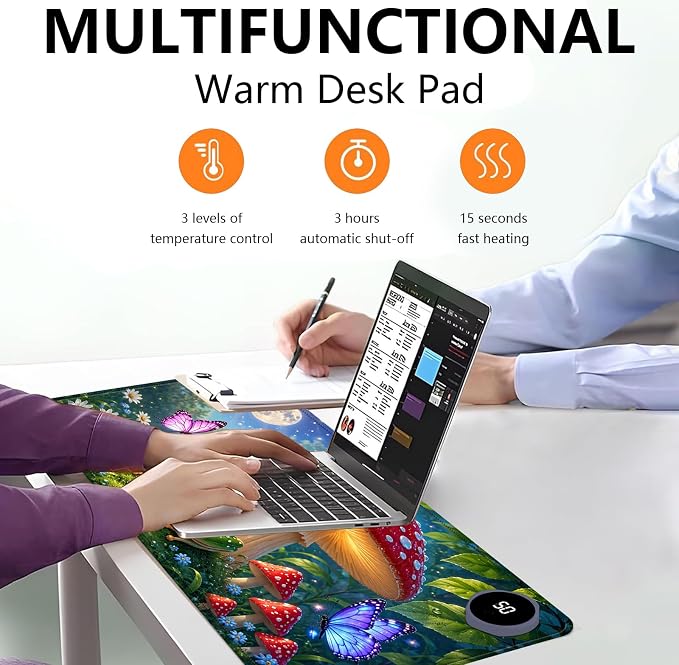 Large Heated Mouse Pad–31.5" x 13" Desk Mat for Office | 3 Adjustable Heat Levels,Auto Shut-Off After 3 Hours for Safety,Keeps Hands Warm While Working，Mushroom Frog