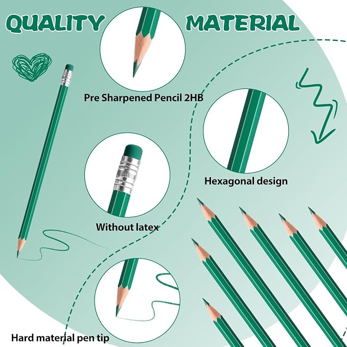 48 PCS Green Pencils Bulk with Eraser, Pre-Sharpened HB Pencils for Writing & Drawing, School Supplies for Kids Homework, Tests, Art Crafts & Teacher Grading (Green)