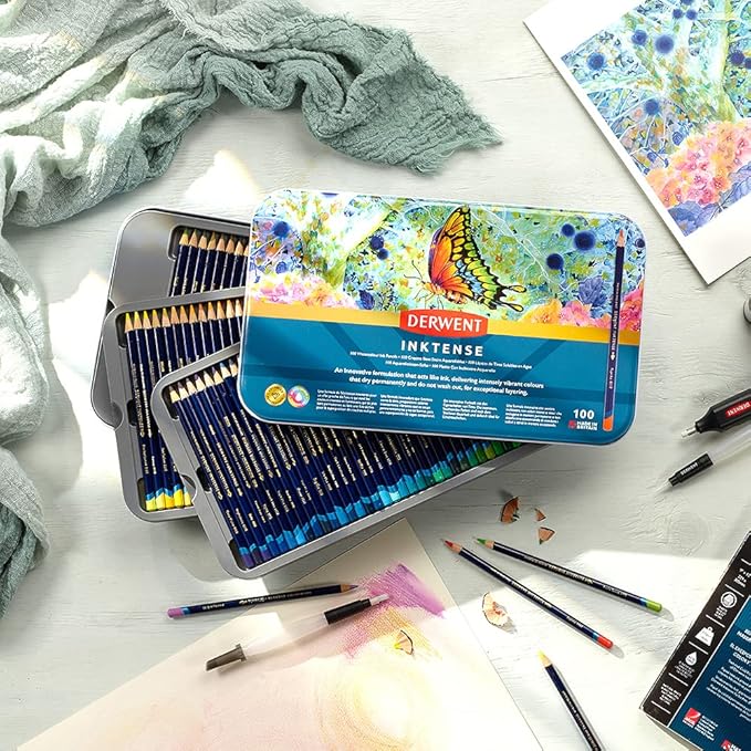 Derwent Inktense Pencils Art Set, 100 Permanent Watercolor Pencils Set in Tin, Premium Colored Pencils for Adults, Water-Soluble Indelible Pencil Collection, 4mm Core, Professional Quality