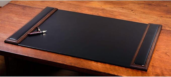 Dacasso 25.5” x 17.25” Walnut & Black Leather Desk Pad w/Side Rails - Luxury Desk Blotter for Writing - Padded Executive Desk Surface Protector