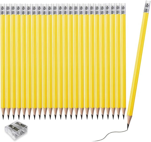Adhere 25pcs Woodcase Pencils with Eraser Premium Pre-Sharpened Hexagon Graphite 2B pencils ideal for home, office writing including a Free Sharpener (Yellow・25pcs)