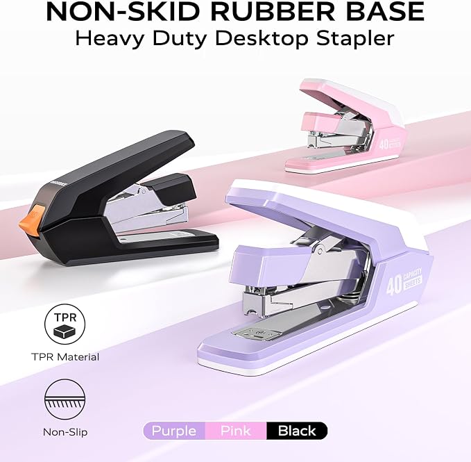 Marsrock Effortless Stapler for Desk with 40-50 Sheet Capacity, 4000 Staples, 1-Touch Stapling, Ergonomic & Easy to Load Desktop Staplers, Heavy Duty Stapler, and Magnetic Staple Remover, 2 Pack