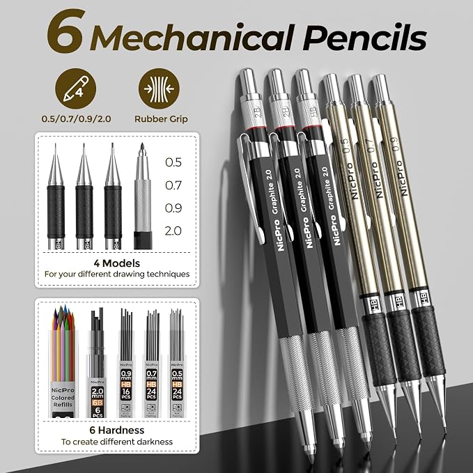Nicpro 58 PCS Art Drawing Supplies Kit in Leather Case, Art Mechanical Pencil Set with Metal Drafting Pencil 0.3 & 0.5 & 0.7 & 0.9 & 2mm, 12 Micron Pen, Sketch Book, 30 Tube Lead Refills for Sketching