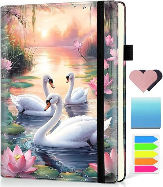 Hardcover Executive Notebooks, A5 PU Leather Lined Journal Notebook, 200 Pages Thick Paper Subject Notebooks for School,Work,Home Writing Business Notebook, Diary Book ，White Swan and Lotus