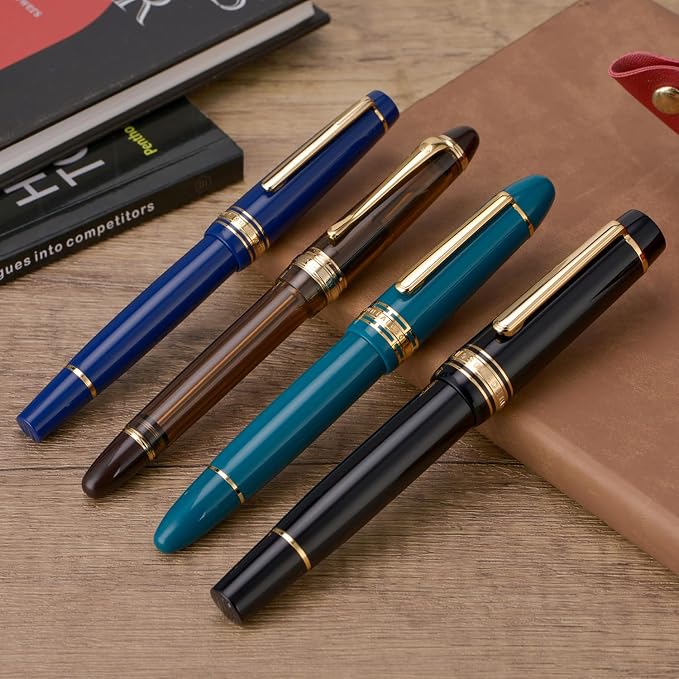 Wikult Yongsheng Junlai 930 Acrylic Fountain Pen, Size 9 Fine Nib with Piston Filling System, Piano Black Fence Ink Tank with Flat Top Design Smooth Writing Pen (Gold Trim)