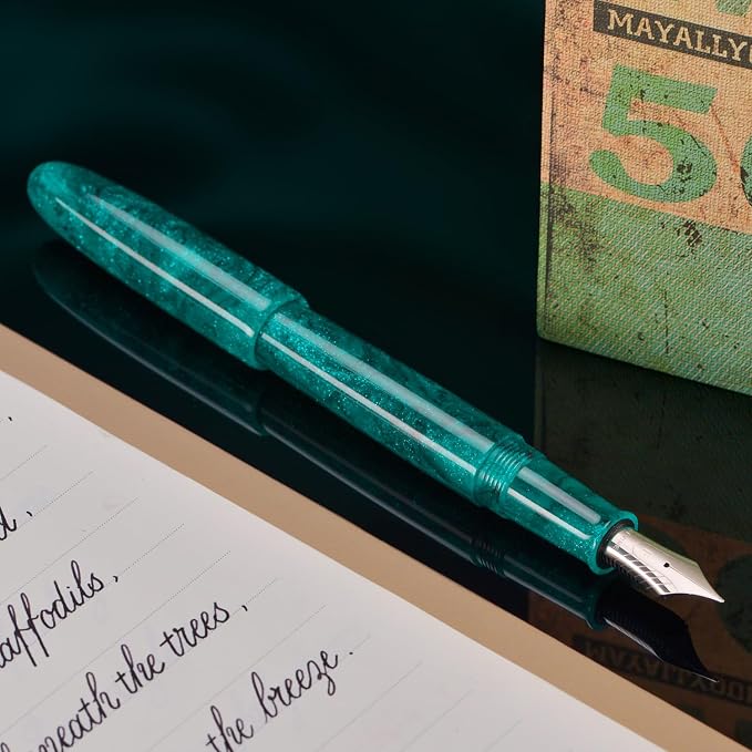 Asvine C80 Fountain Pen #8 Medium Nib Large Handcraft Pen with Converter Pen Box Collection Set (Green Glitter)