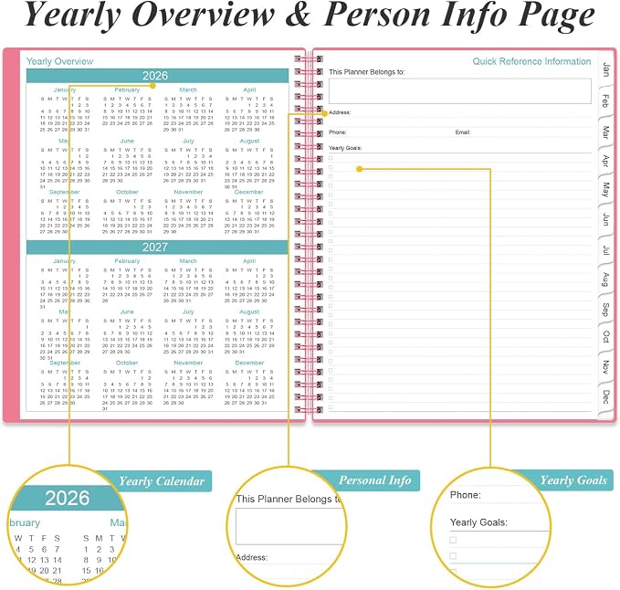 2026-2027 Planner - Planner 2026-2027 from July 2026 to June 2027 with 12 Monthly Tabs, Flexible Cover, Inner Pocket, 8.5" x 11", Pink-B