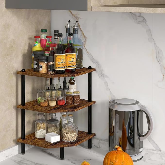 Corner Shelf Stand for Desk - 90° Corner Design to Free Up Desktop | Easy to Assemble 3-Tier Vertical Storage 15 lb Per Shelf 6.7 in Clearance for Books Coffee Mugs Supplies on Office Desks