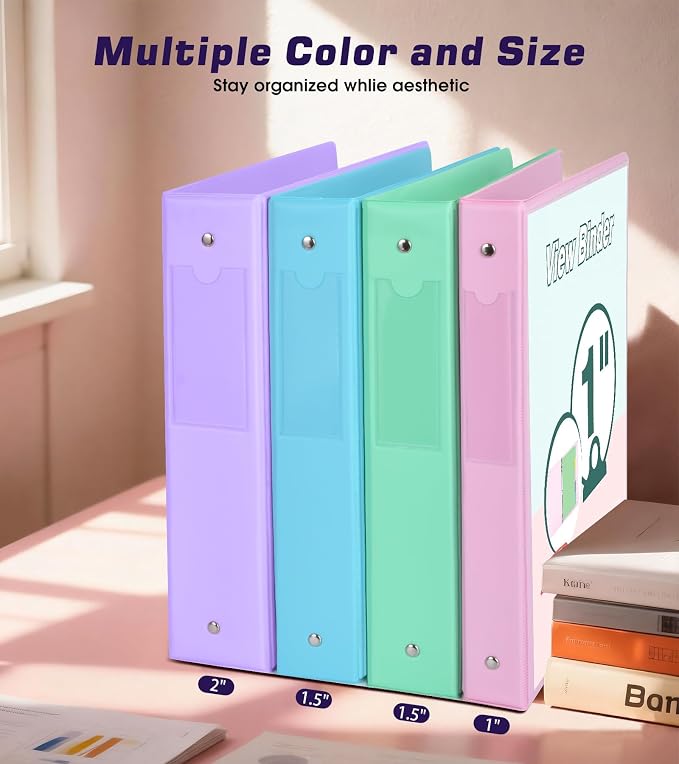 3 Ring Binder 1 inch，Cute Binder Organizer with 5 Tab Dividers Fits 175 Sheets of 8.5x11 Paper, Customizable Clear Cover with Inside Pockets, Aesthetic 1" Three Ring Binders for School Office，Purple