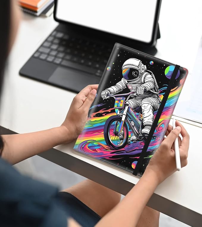 A5 Leather Lined Journal Notebook, 200 Pages Hardcover Executive Notebook for Men Women Office School Note Taking,Thick Writing Paper Daily Journal with Bookmarks/Indexes, Astronaut Riding Bicycle