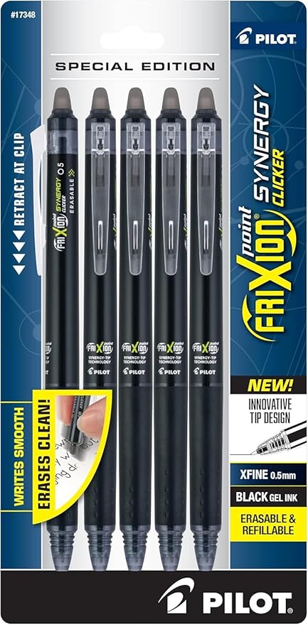 Pilot FriXion Synergy Clicker Erasable, Refillable, Retractable Gel Ink Pens, Extra Fine Point 0.5 mm, Pack of 5, Black Ink, FriXion Erasable Pens 0.5 - Ideal for School & Office Writing