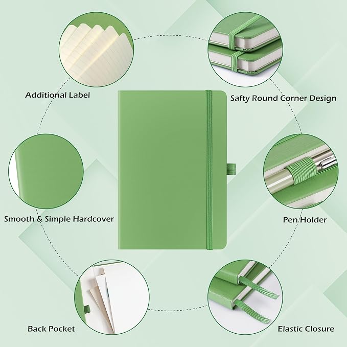 Ruled Notebook/Journal - Classic Lined Journal/Notebook, 5.3'' x 8.26'', Hardcover with Thick Paper, Banded + Pen Holder +Inner Pocket - Olive Green