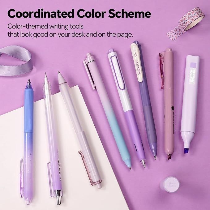 WRITECH Gel Pens Journaling Highlighters: Purple Journal Set Assorted Pastel Color 0.5mm&0.7mm Fine Point Retractable Black Ink Pen Mechanical Pencil Smooth Writing Drawing 8ct
