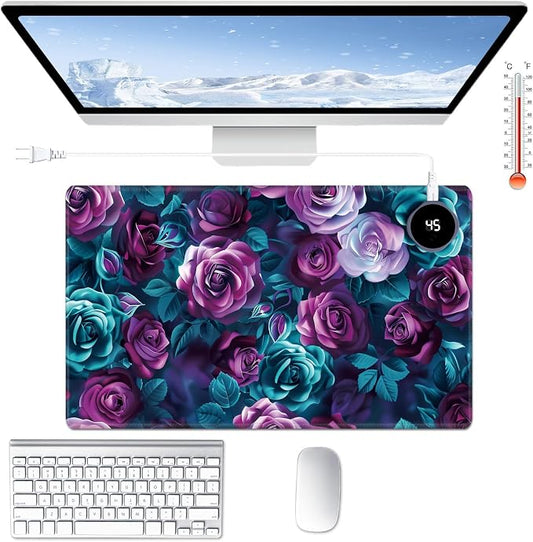 Heated Desk Pad Large Mouse Pad 23.6 x 14.1 inch with 3 Levels Heating & Auto Shut-Off Warm Mouse pad PU Leather Computer Mousepad for Home Office Work - Colorful Rose Flowers