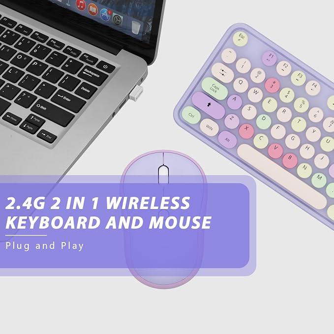 Kootop Wireless Computer Keyboard and Mouse Combo,Colorful Purple | Ergonomic Full Size Typewriter Retro Round Keycaps Keyboard, Compatible with Windows, PC, Perfer for Home and Office
