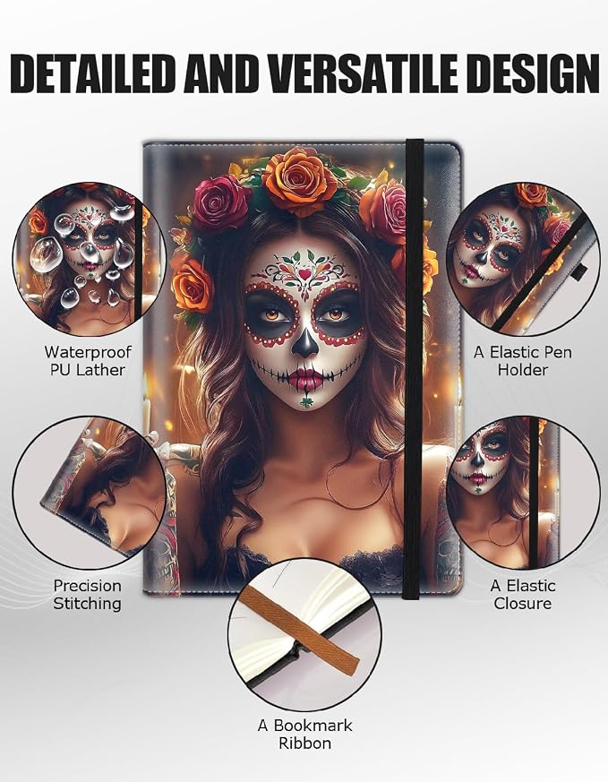 Hardcover Executive Notebooks, A5 PU Leather Lined Journal Notebook, 200 Pages Thick Paper Subject Notebooks for School,Work,Home Writing Business Notebook，Day of The Dead Sugar Skull Woman