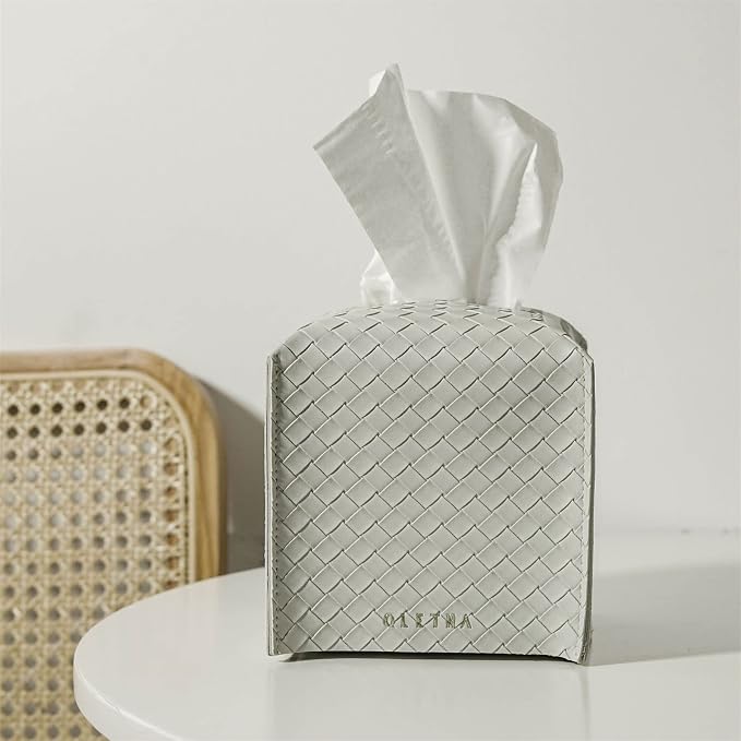 OLETHA Square Tissue Box Cover - Aesthetic Desk Decor for Room, Home & Office - Tissues Cube Boxes Holder - Woven Textured, Grey