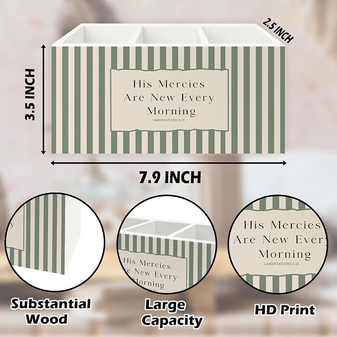 Sage Green Striped Christian Pen Pencil Holder Organizer for Desk, His Mercies Are New Every Morning Bible Verse Wooden Box Signs Decorations for Home Office Desk Tabletop, Christian Gifts