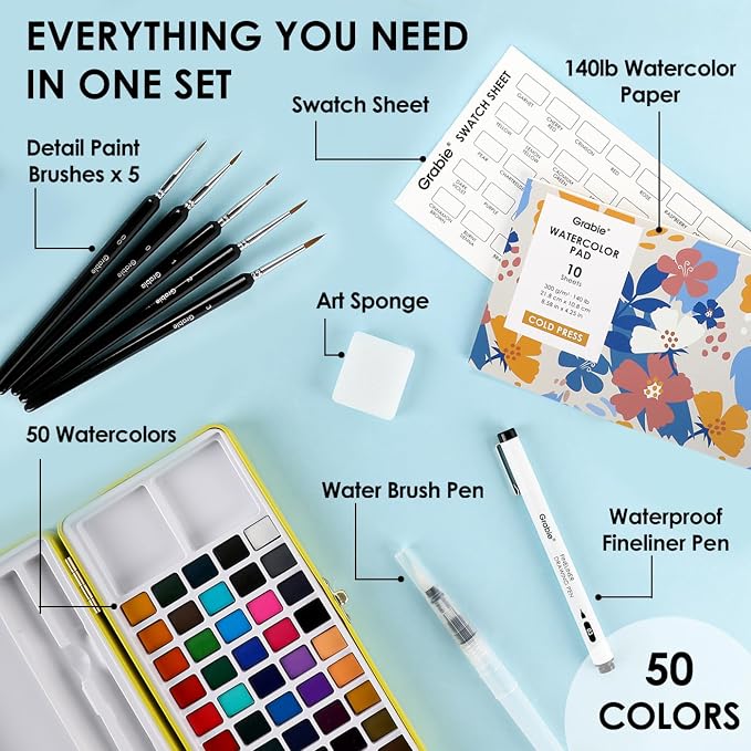 Grabie 50 Colors Premium All-In-One Water Color Paint Set - Detail Paint Brush Included, Watercolor Paints, Painting Sets, Art Supplies, Portable & Travel Watercolor Set, Amateur Hobbyists, Set of 50