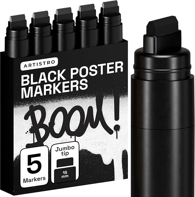 ARTISTRO Black Paint Pens - Jumbo Tips - Set of 5 | Acrylic Paint Markers, Water-Based, For Rock, Glass, Ceramic, Wood, Tire, Fabric, Metal, Canvas, Marking, Painting