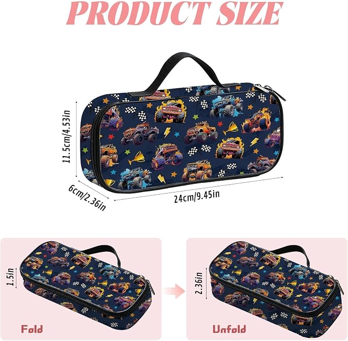 Monster Truck Pencil Bag for Boys, Large Capacity Kids Car Pencil Box with Zipper Compartments, Portable Pen Pouch Bag for Office School Travel