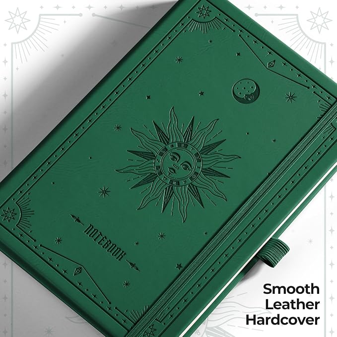 EMSHOI Graph Grid Journal Notebook, 320 Pages, A5 Size (5.7'' x 8.3'') | Leather Hardcover, 100 GSM Thick Paper, for School, Note Taking, Math, Engineering, Sun Debossed (Dark Green)